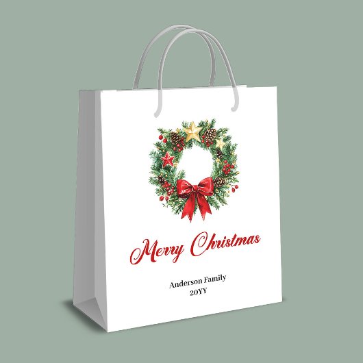 Classic Christmas wreath gift bag custom lettering ミディアムペーパーバッグ
