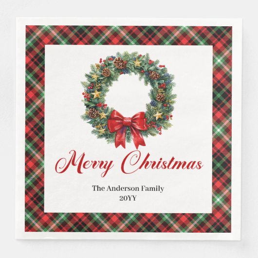 Classic Christmas Wreath Napkin with Custom Name (正面)