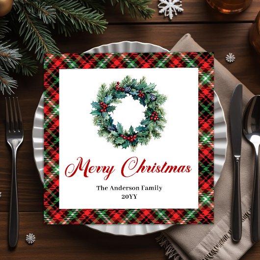 Classic Christmas Wreath Napkin with Custom Name