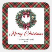 Classic Christmas Wreath Red Green Pattern Sticker スクエアシール (正面)