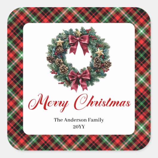 Classic Christmas Wreath Red Green Pattern Sticker スクエアシール (正面)