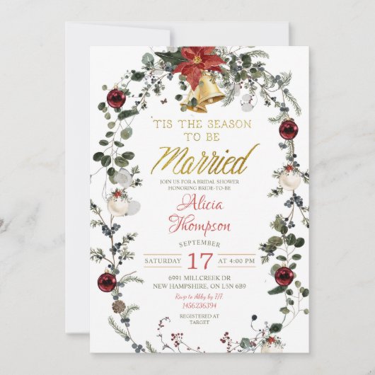 Classic Christmas Wreath Theme Bridal Shower 招待状 (正面)