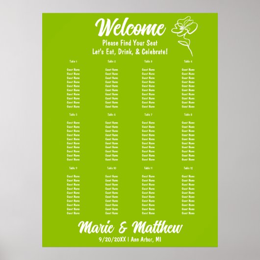 Classic Citrus Green Floral Wedding Seating Chart ポスター (正面)