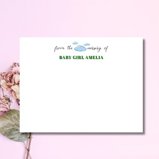 Classic Clouds Forest Green Name Nursery Note Card 招待状