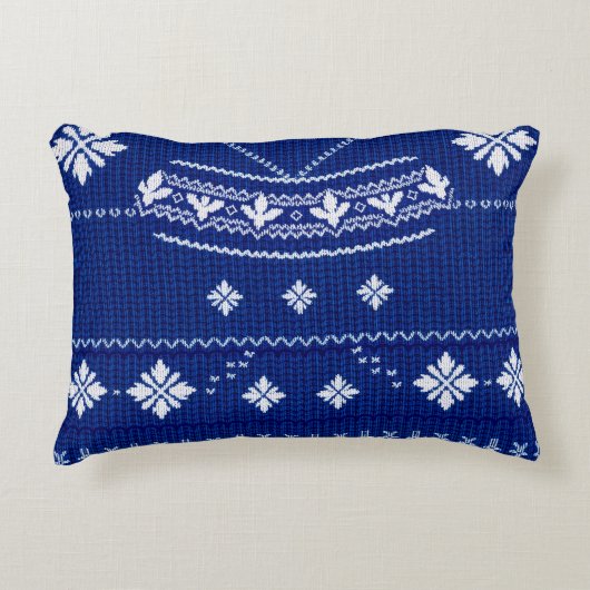 Classic Cobalt Blue & White Nordic Snowflake Knitt アクセントクッション (正面)