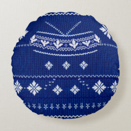 Classic Cobalt Blue & White Nordic Snowflake Knitt ラウンドクッション
