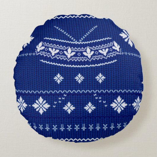 Classic Cobalt Blue & White Nordic Snowflake Knitt ラウンドクッション (正面)