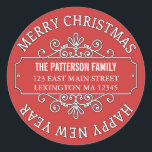 Classic Contemporary Merry Christmas Label ラウンドシール<br><div class="desc">通常のかわいらし住所 シールに代わるものとしては、この汎用性の高い「メリークリスマス」と「ハッピーニューイヤー」のホリデーサークルラベルは、クリスマスカードや挨拶に素敵に見える。名前と住所ファンシーを縁どスクロールすると、このラベルは封筒の裏をシ素晴らしールしているように見える。ソフトモダンカラーの色赤と白設定写真付きカードと郵便料金も用意。</div>