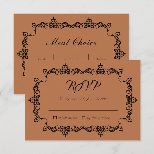 Classic Copper Glow Ornately Framed Wedding 出欠カード (正面/裏面)