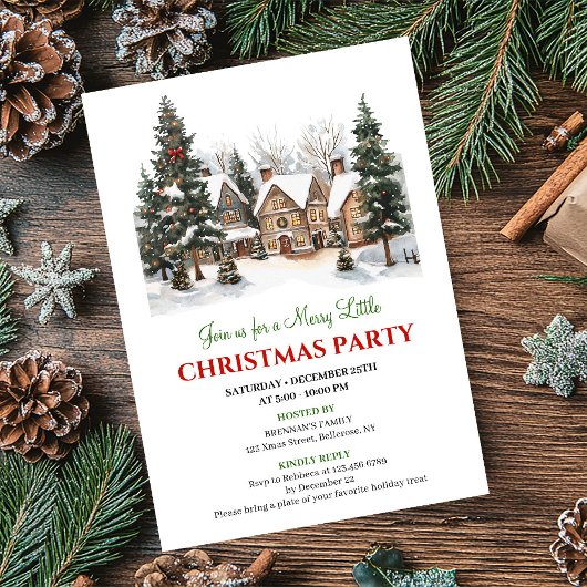 Classic cozy holiday scene Christmas party invite 招待状