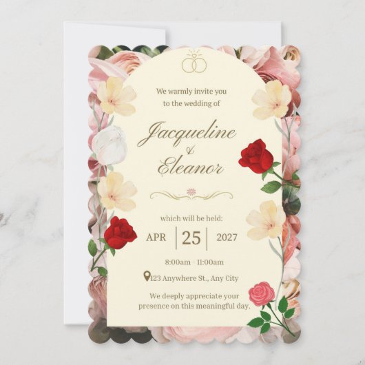 Classic Cream Arch with Red & Yellow Roses Wedding 招待状 (正面)