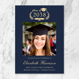 Classic Crest Blue Gold Photo College Graduation 案内状