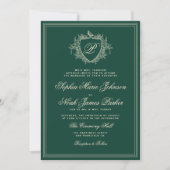 Classic crest monogram emerald green wedding 招待状 (正面)