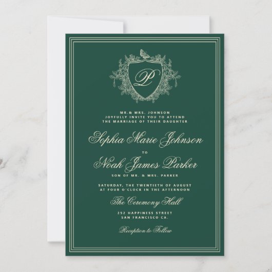 Classic crest monogram emerald green wedding 招待状 (正面)