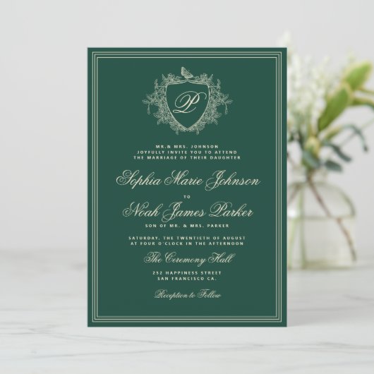 Classic crest monogram emerald green wedding 招待状 (スタンド正面)
