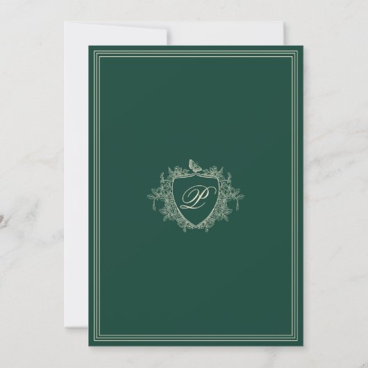 Classic crest monogram emerald green wedding 招待状 (裏面)