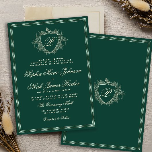 Classic crest monogram emerald green wedding 招待状