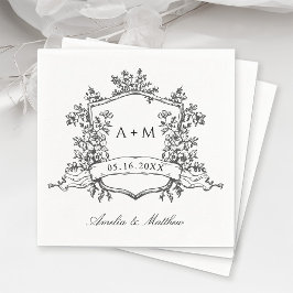 Classic Crest Monograms Wedding Black & White スタンダードカクテルナプキン