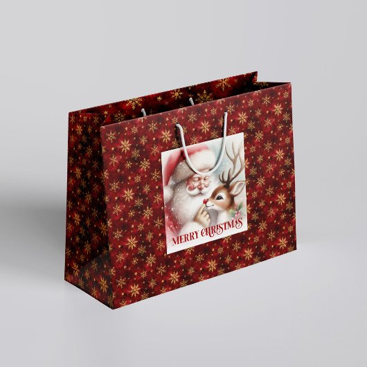 Classic Cute Santa and Rudolph Christmas Gift Bag ラージペーパーバッグ