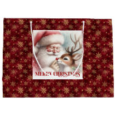 Classic Cute Santa and Rudolph Christmas Gift Bag ラージペーパーバッグ (裏面)