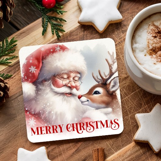Classic Cute Santa Claus Rudolph Holiday Coasters スクエアペーパーコースター