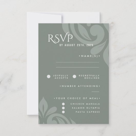 Classic Damask Earthy Sage Photo Wedding RSVP (正面)