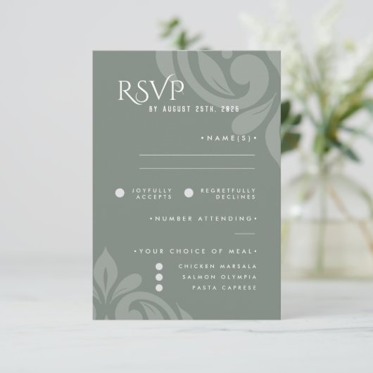 Classic Damask Earthy Sage Photo Wedding RSVP (スタンド正面)