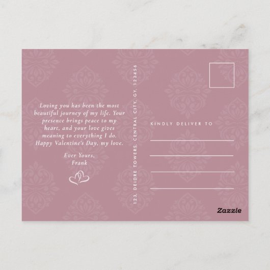 Classic Damask Elegant Script Valentines Day Card ポストカード (裏面)