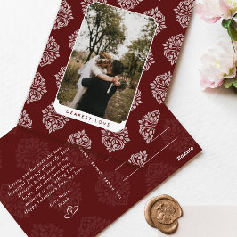 Classic Damask Elegant Script Valentine's Day Card ポストカード