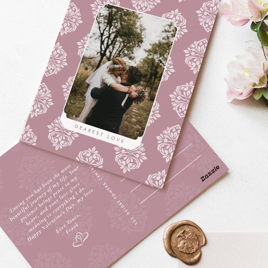 Classic Damask Elegant Script Valentine's Day Card ポストカード