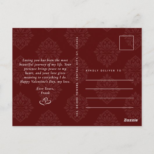 Classic Damask Elegant Script Valentines Day Card ポストカード (裏面)