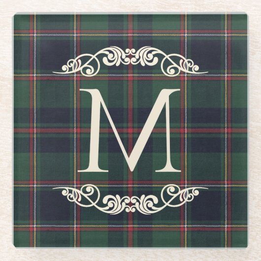Classic Dark Blue Red Green Plaid Pattern ガラスコースター (正面)