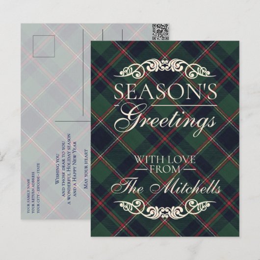Classic Dark Blue Red Green Plaid Pattern シーズンポストカード (正面/裏面)