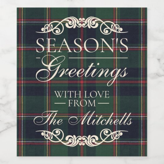 Classic Dark Blue Red Green Plaid Pattern ワインラベル (シングルラベル)