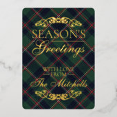Classic Dark Blue Red Green Plaid Pattern Gold 箔シーズンカード (正面)