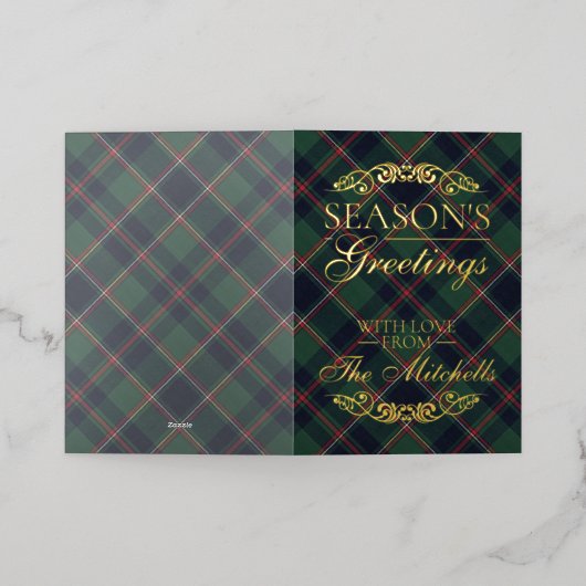 Classic Dark Blue Red Green Plaid Pattern Gold 箔シーズンカード (外側レイダウン)