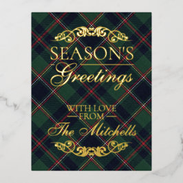 Classic Dark Blue Red Green Plaid Pattern Gold 箔シーズンポストカード