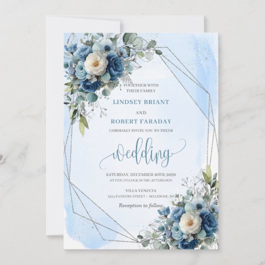 Classic Dark Blue Silver Roses Wedding Invitation 招待状 (正面)