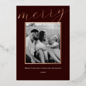 Classic Dark Burgundy and Gold Frame Family Photo 箔シーズンカード (正面)