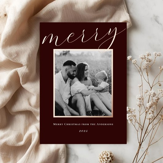 Classic Dark Burgundy and Gold Frame Family Photo 箔シーズンカード