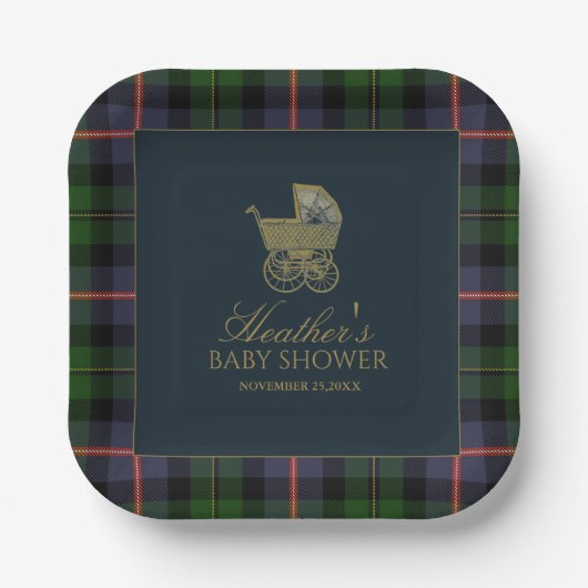 Classic Dark Green Blue Plaid Baby Shower ペーパープレート (正面)