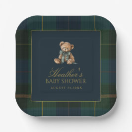 Classic Dark Green & Blue Plaid Baby Shower ペーパープレート