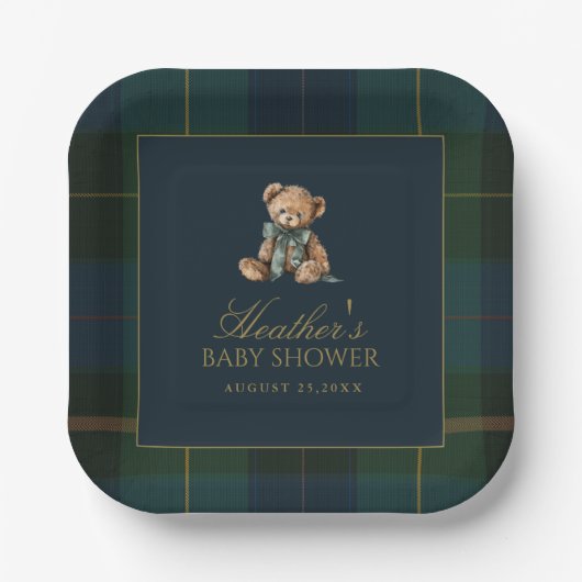 Classic Dark Green & Blue Plaid Baby Shower ペーパープレート (正面)