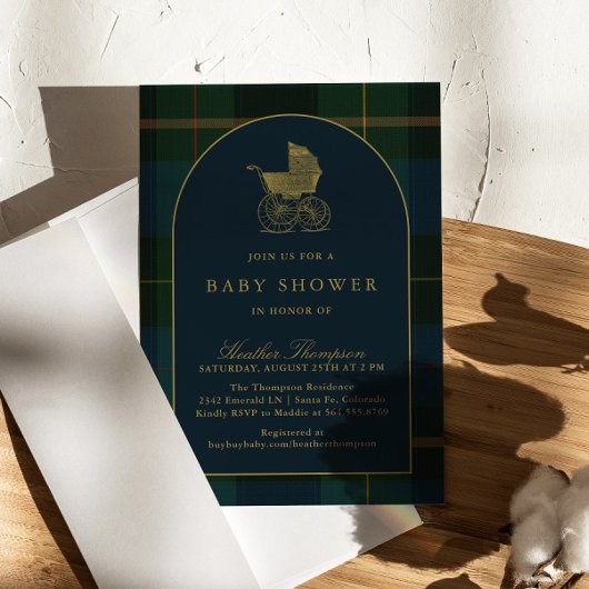 Classic Dark Green & Blue Plaid Baby Shower 招待状
