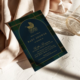 Classic Dark Green & Blue Plaid Baby Shower 招待状