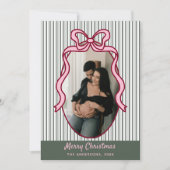 Classic Dark Green Stripes & Pink Bow Christmas シーズンカード (正面)