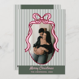 Classic Dark Green Stripes & Pink Bow Christmas シーズンカード