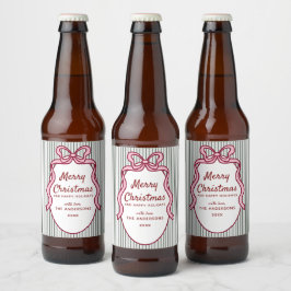 Classic Dark Green Stripes & Pink Bow Christmas  ビールラベル