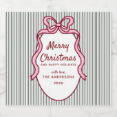 Classic Dark Green Stripes & Pink Bow Christmas  ビールラベル (シングルラベル)