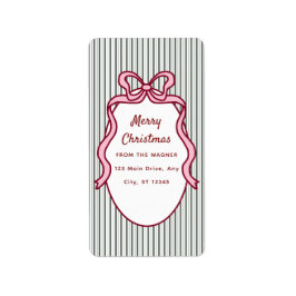 Classic Dark Green Stripes & Pink Bow Christmas ラベル